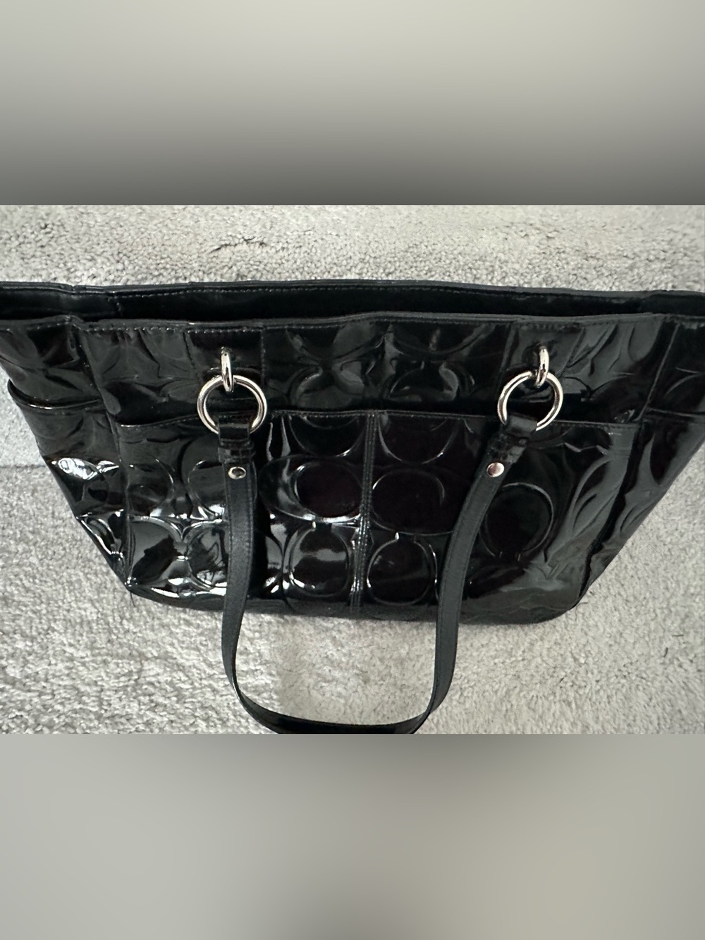 Coach Black Patent Circle-Quilt Tote with Silver Rings